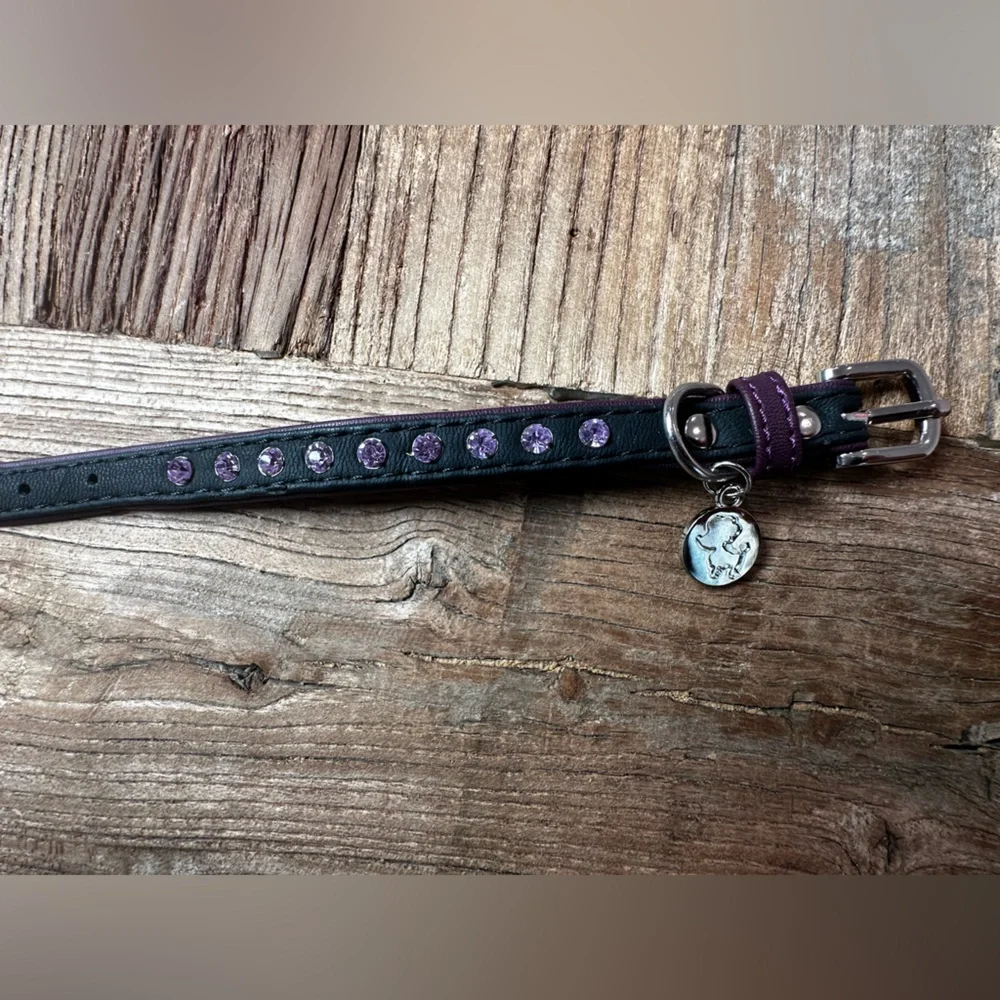 Black Leather Dog Collar with Purple Rhinestones